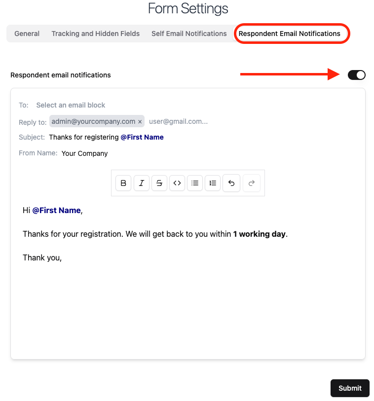 Toggle Respondent Email Notifications On/Off